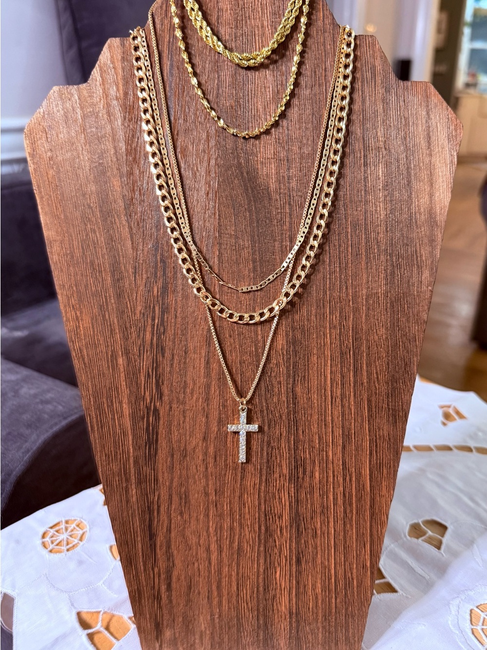 Layered Gold Cross Pendant Necklace Set